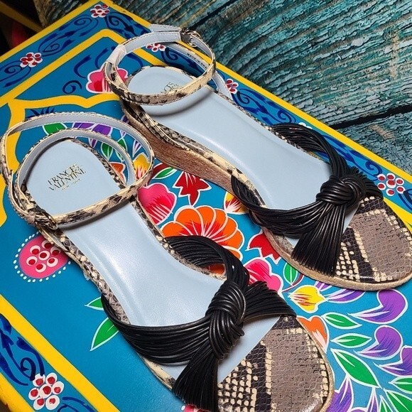 Frances Valentine NIB Size 10 Black Snake Print Leather Espadrille Sandals - Picture 9 of 12